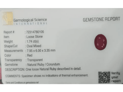 GSI Certified 1.74ct Burmese Ruby, Natural Untreated Gemstone - SMSGEMS 