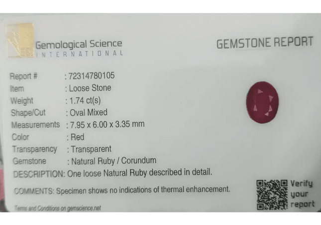 GSI Certified 1.74ct Burmese Ruby, Natural Untreated Gemstone - SMSGEMS 