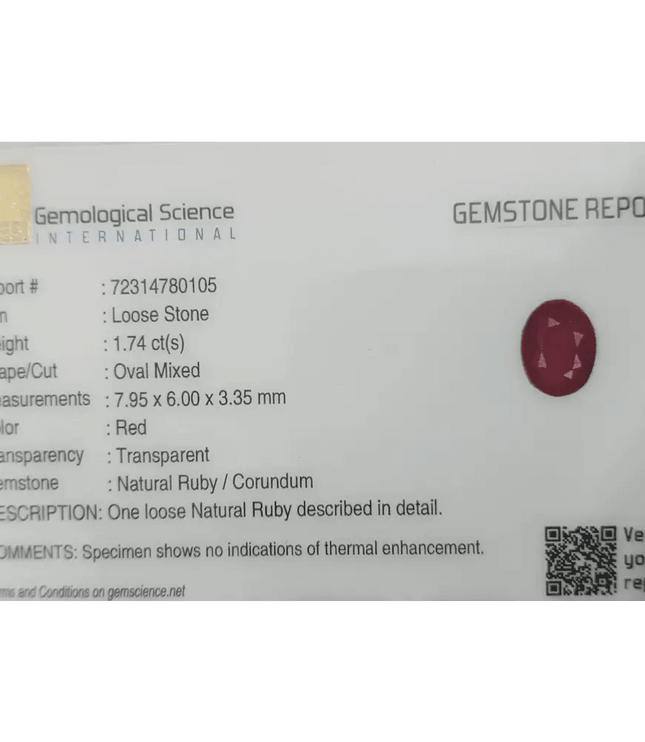 GSI Certified 1.74ct Burmese Ruby, Natural Untreated Gemstone - SMSGEMS 