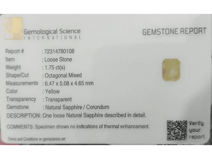 GSI Certified 1.75ct Emerald Cut Light Yellow Ceylon Sapphire, Natural Untreated Gemstone - SMSGEMS 
