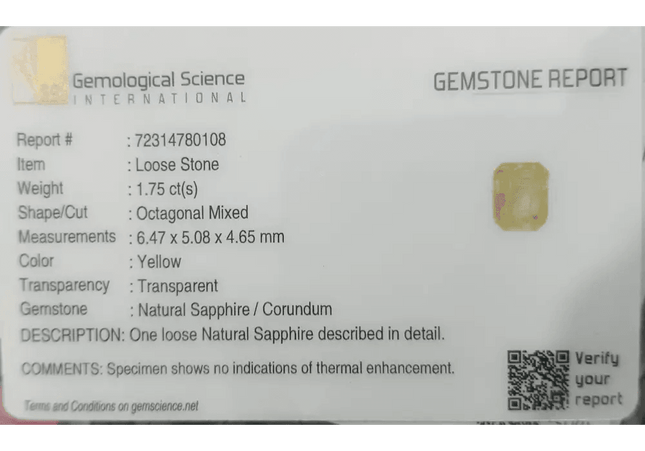 GSI Certified 1.75ct Emerald Cut Light Yellow Ceylon Sapphire, Natural Untreated Gemstone - SMSGEMS 