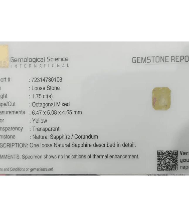 GSI Certified 1.75ct Emerald Cut Light Yellow Ceylon Sapphire, Natural Untreated Gemstone - SMSGEMS 
