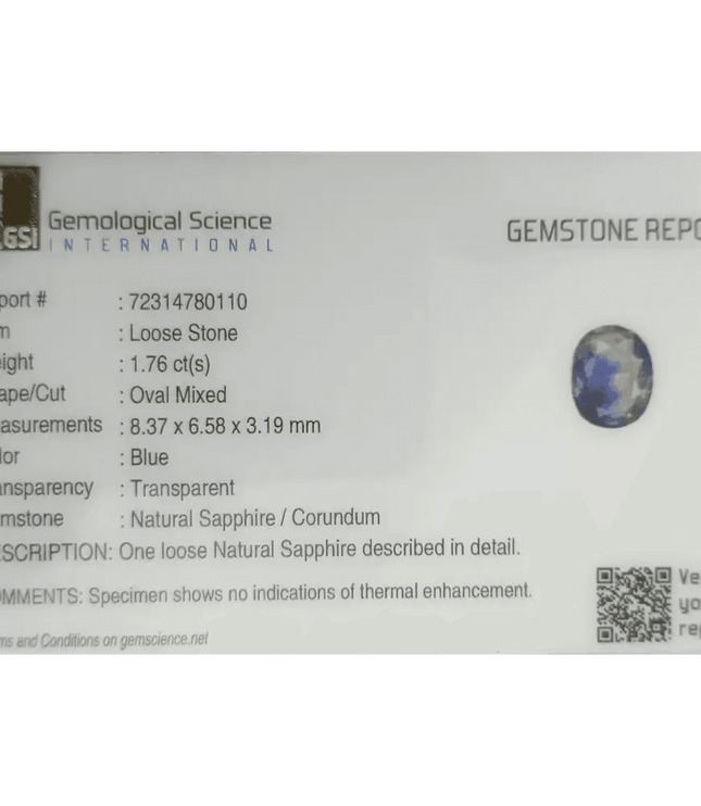 GSI Certified 1.76ct Blue Sapphire, Natural Untreated Gemstone - SMSGEMS 