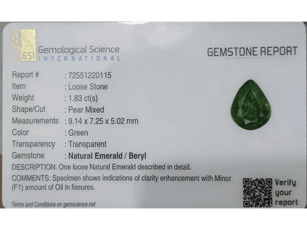 1.83ct Bright Deep Green Emerald Certified by GSI - SMSGEMS 