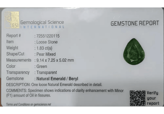 1.83ct Bright Deep Green Emerald Certified by GSI - SMSGEMS 