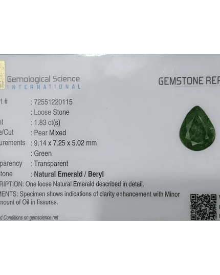 1.83ct Bright Deep Green Emerald Certified by GSI - SMSGEMS 