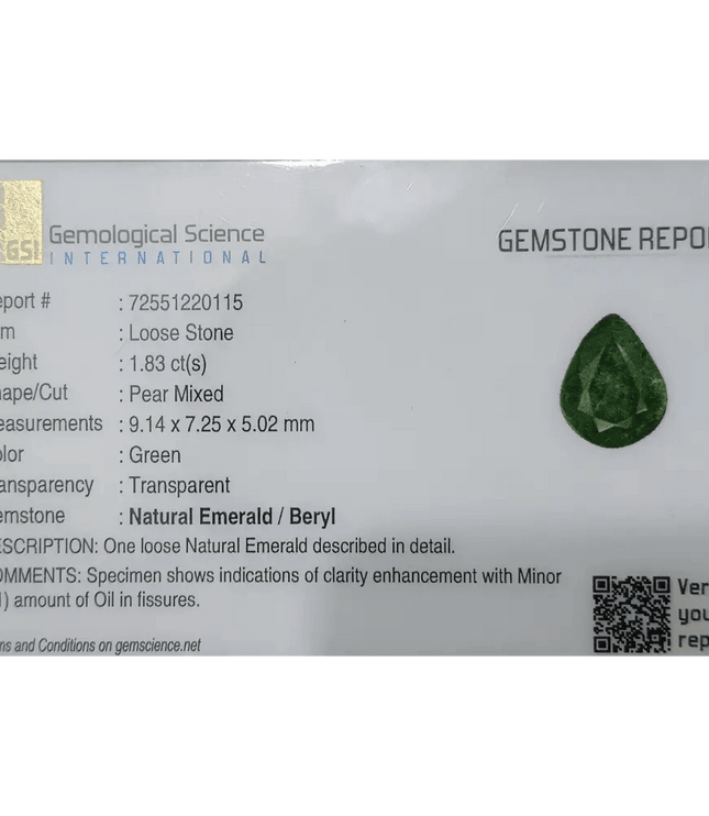 1.83ct Bright Deep Green Emerald Certified by GSI - SMSGEMS 