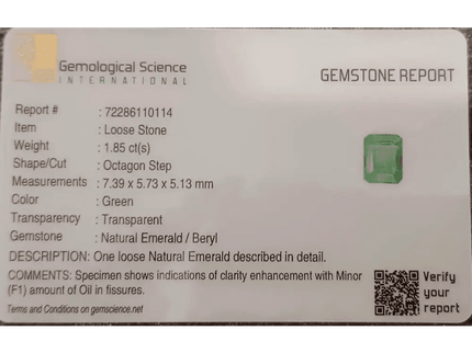 GSI Certified 1.85ct Intense Green Zambian Emerald, 100% Natural Gem - SMSGEMS 