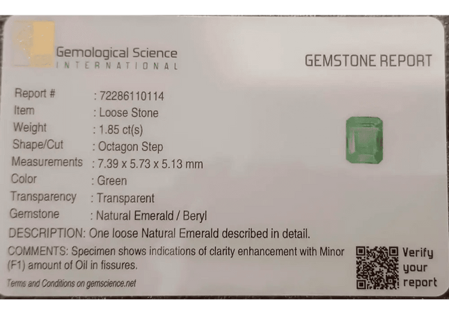GSI Certified 1.85ct Intense Green Zambian Emerald, 100% Natural Gem - SMSGEMS 