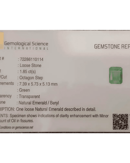 GSI Certified 1.85ct Intense Green Zambian Emerald, 100% Natural Gem - SMSGEMS 