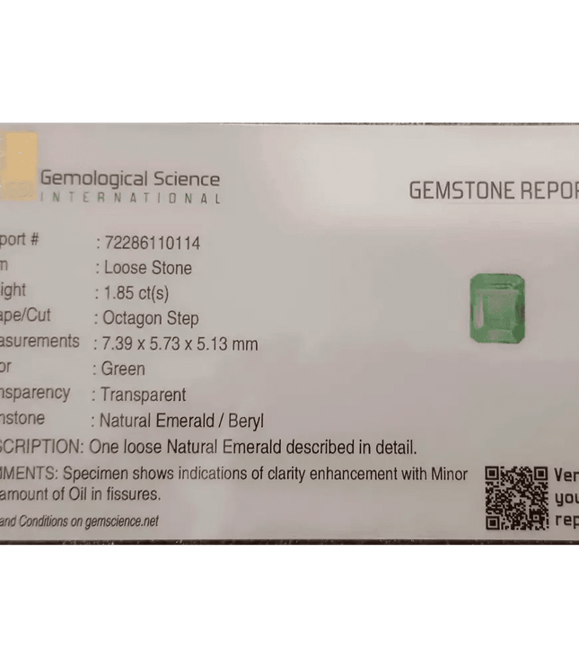 GSI Certified 1.85ct Intense Green Zambian Emerald, 100% Natural Gem - SMSGEMS 