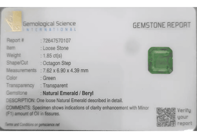 GSI Certified 1.85ct Intense Green Emerald, Natural Gemstone - SMSGEMS 