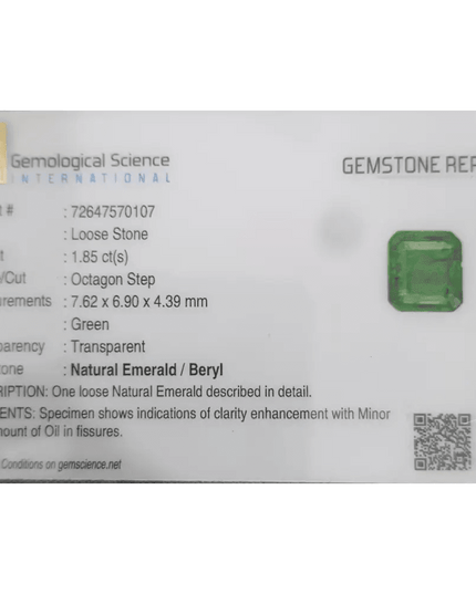 GSI Certified 1.85ct Intense Green Emerald, Natural Gemstone - SMSGEMS 