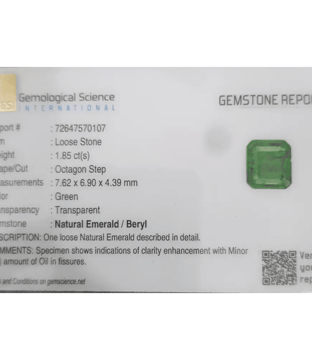 GSI Certified 1.85ct Intense Green Emerald, Natural Gemstone - SMSGEMS 