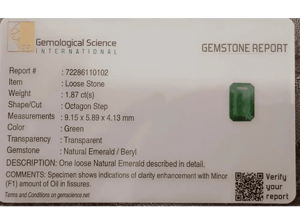 GSI Certified 1.87ct Medium Green Zambian Emerald, 100% Natural Untreated Gemstone. - SMSGEMS 