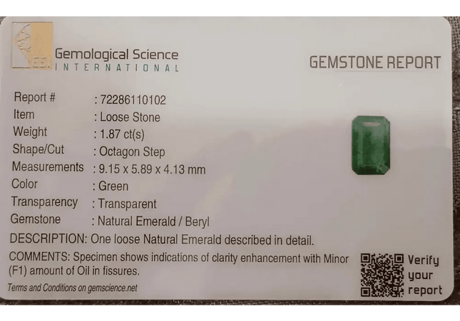 GSI Certified 1.87ct Medium Green Zambian Emerald, 100% Natural Untreated Gemstone. - SMSGEMS 