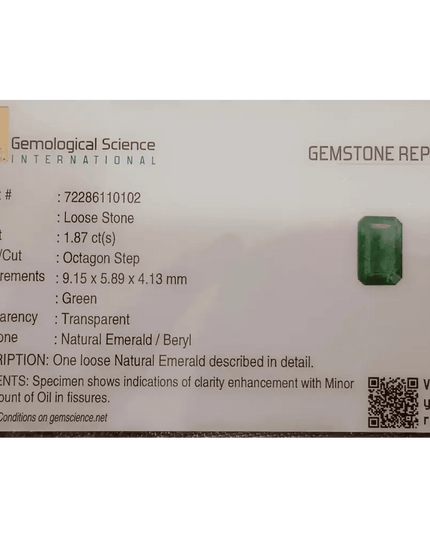 GSI Certified 1.87ct Medium Green Zambian Emerald, 100% Natural Untreated Gemstone. - SMSGEMS 