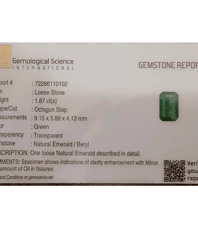 GSI Certified 1.87ct Medium Green Zambian Emerald, 100% Natural Untreated Gemstone. - SMSGEMS 