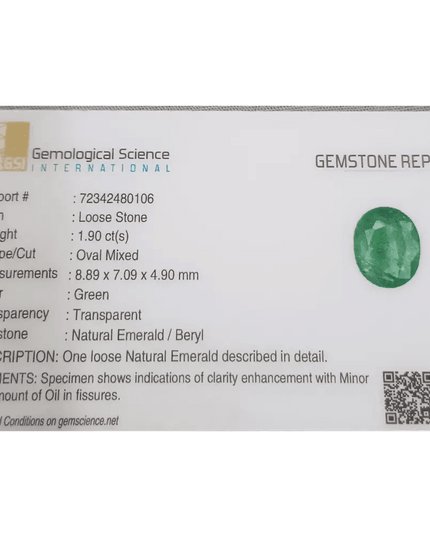 GSI Certified 1.90ct Vivid Medium Green Emerald, Natural Gemstone - SMSGEMS 