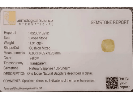 GSI Certified 1.91ct Cushion Cut Yellow Ceylon Sapphire, Natural Untreated Gemstone - SMSGEMS 