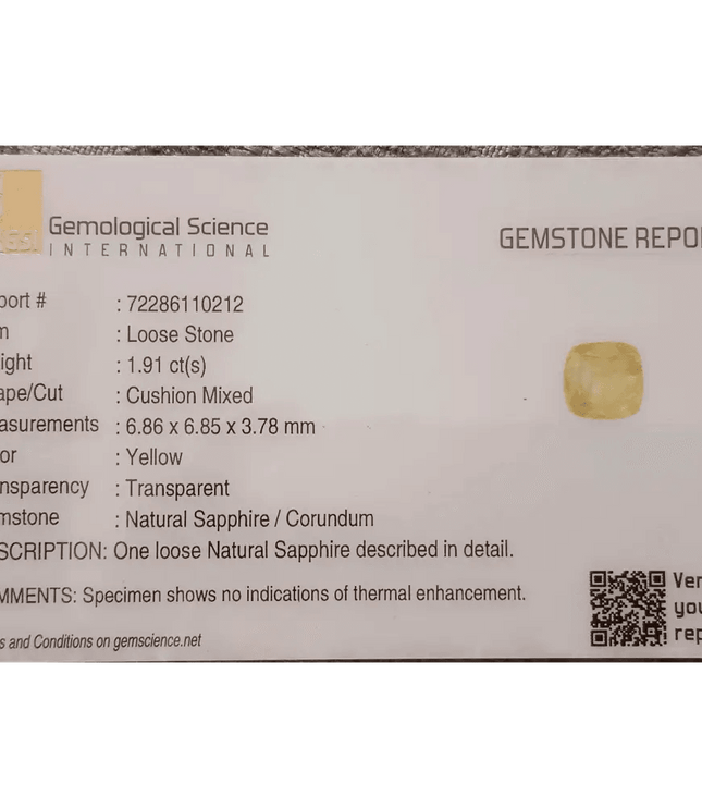 GSI Certified 1.91ct Cushion Cut Yellow Ceylon Sapphire, Natural Untreated Gemstone - SMSGEMS 