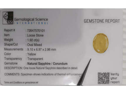 GSI Certified 1.92ct Yellow Sapphire, Natural Heated Gemstone - SMSGEMS 
