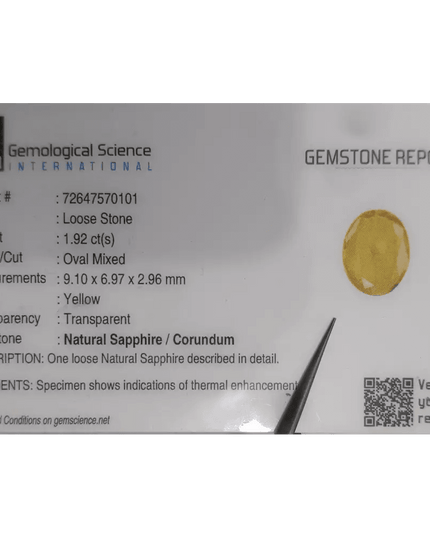 GSI Certified 1.92ct Yellow Sapphire, Natural Heated Gemstone - SMSGEMS 