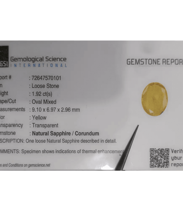 GSI Certified 1.92ct Yellow Sapphire, Natural Heated Gemstone - SMSGEMS 