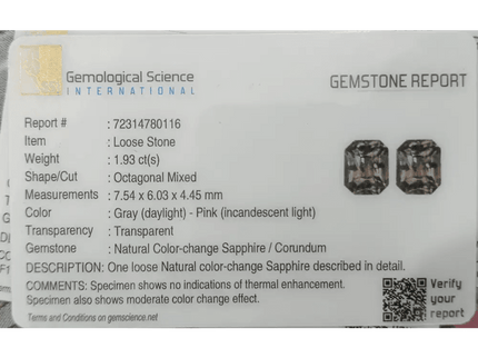 GSI Certified 1.93ct Color Change Ceylon Sapphire, Natural Untreated Gemstone - SMSGEMS 