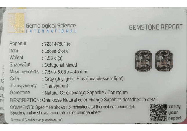 GSI Certified 1.93ct Color Change Ceylon Sapphire, Natural Untreated Gemstone - SMSGEMS 