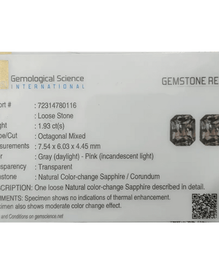 GSI Certified 1.93ct Color Change Ceylon Sapphire, Natural Untreated Gemstone - SMSGEMS 