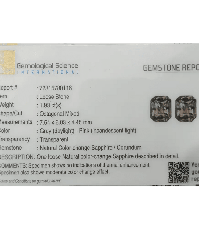 GSI Certified 1.93ct Color Change Ceylon Sapphire, Natural Untreated Gemstone - SMSGEMS 