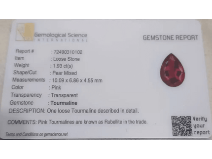 1.93ct Rubellite tourmaline certified by GSI - SMSGEMS 