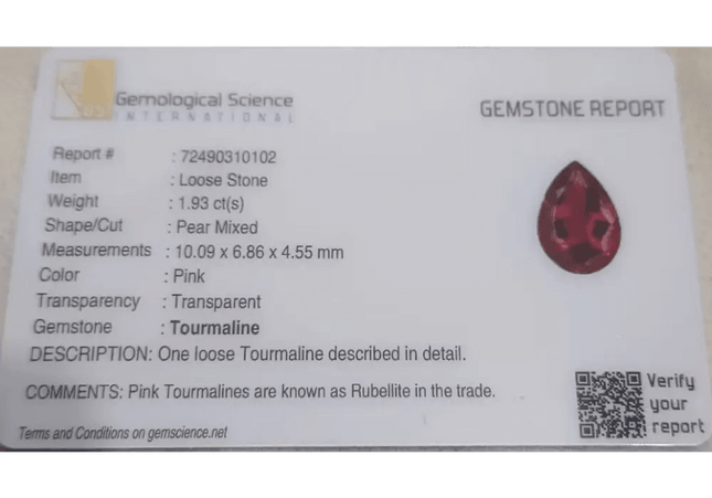 1.93ct Rubellite tourmaline certified by GSI - SMSGEMS 