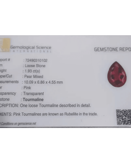 1.93ct Rubellite tourmaline certified by GSI - SMSGEMS 