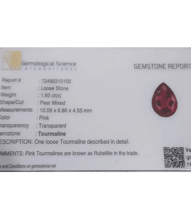 1.93ct Rubellite tourmaline certified by GSI - SMSGEMS 