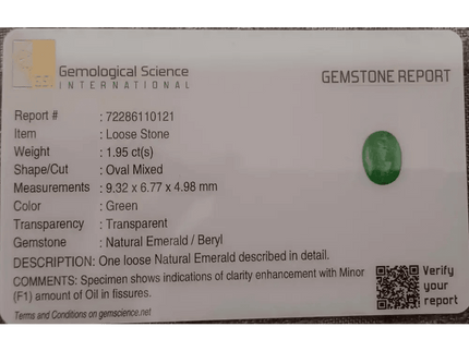 GSI Certified 1.95ct Medium Intense Green Emerald, Natural Gemstone - SMSGEMS 