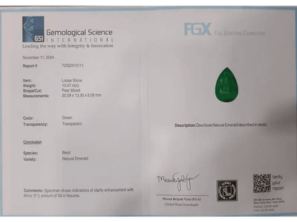 GSI Certified 13.47ct Medium Deep Golden Green Swat Emerald, Natural Gemstone - SMSGEMS 