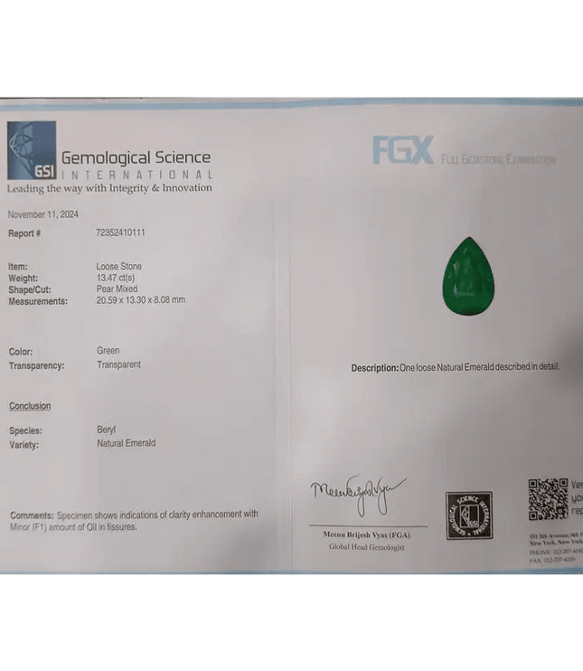 GSI Certified 13.47ct Medium Deep Golden Green Swat Emerald, Natural Gemstone - SMSGEMS 