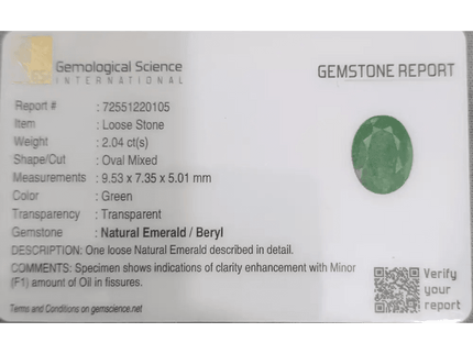 2.04ct Natural Earth Mined Emerald Certified by GSI - SMSGEMS 