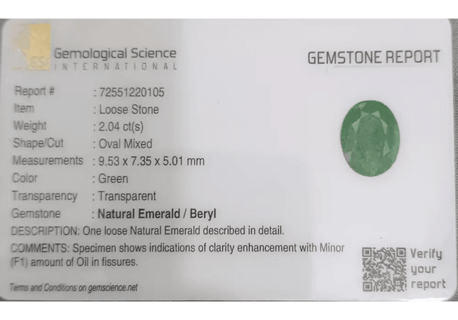 2.04ct Natural Earth Mined Emerald Certified by GSI - SMSGEMS 