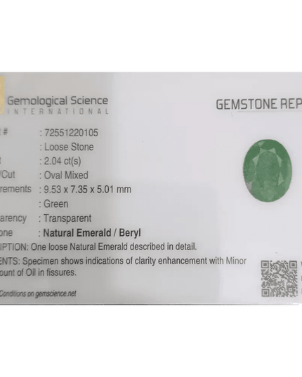 2.04ct Natural Earth Mined Emerald Certified by GSI - SMSGEMS 