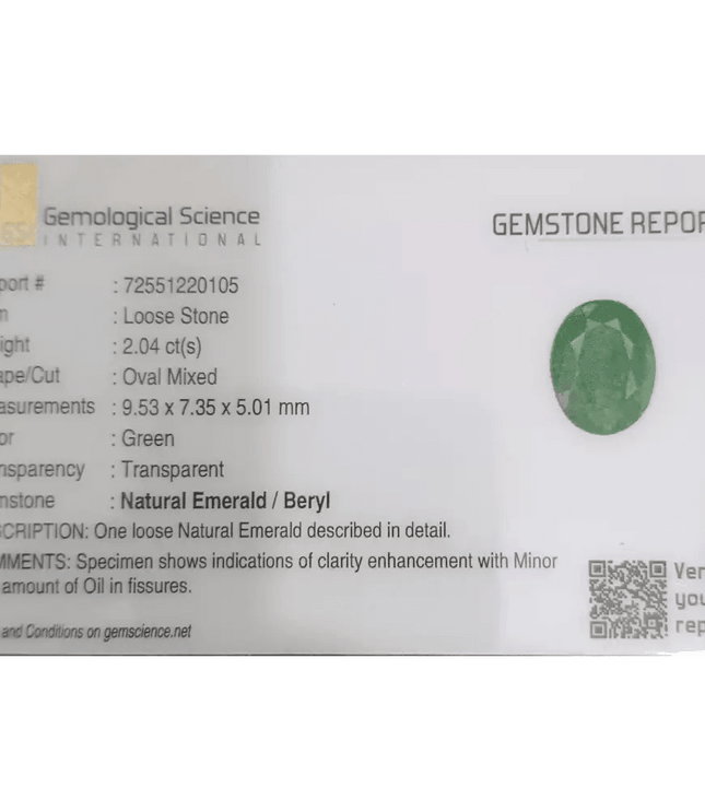 2.04ct Natural Earth Mined Emerald Certified by GSI - SMSGEMS 
