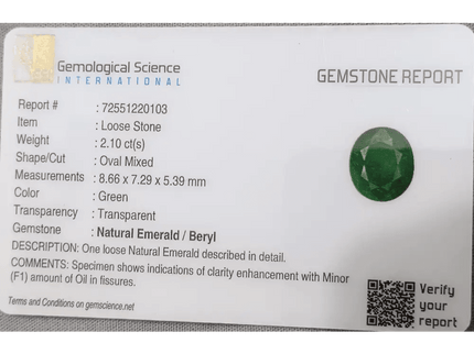 2.10ct Deep Green Emerald certified by GSI - SMSGEMS 