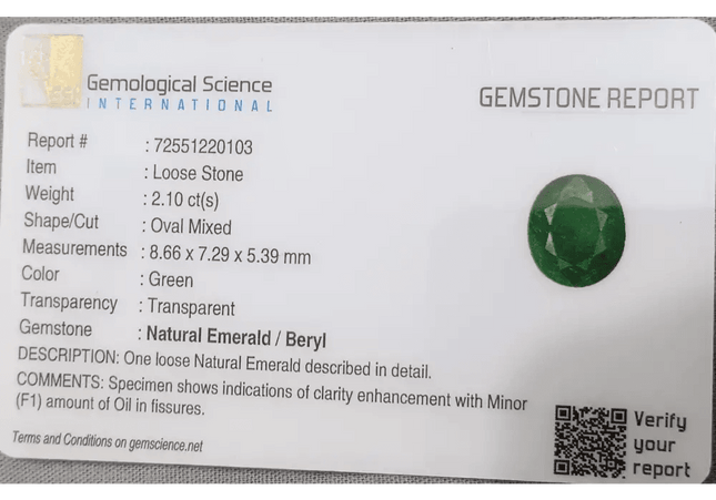 2.10ct Deep Green Emerald certified by GSI - SMSGEMS 
