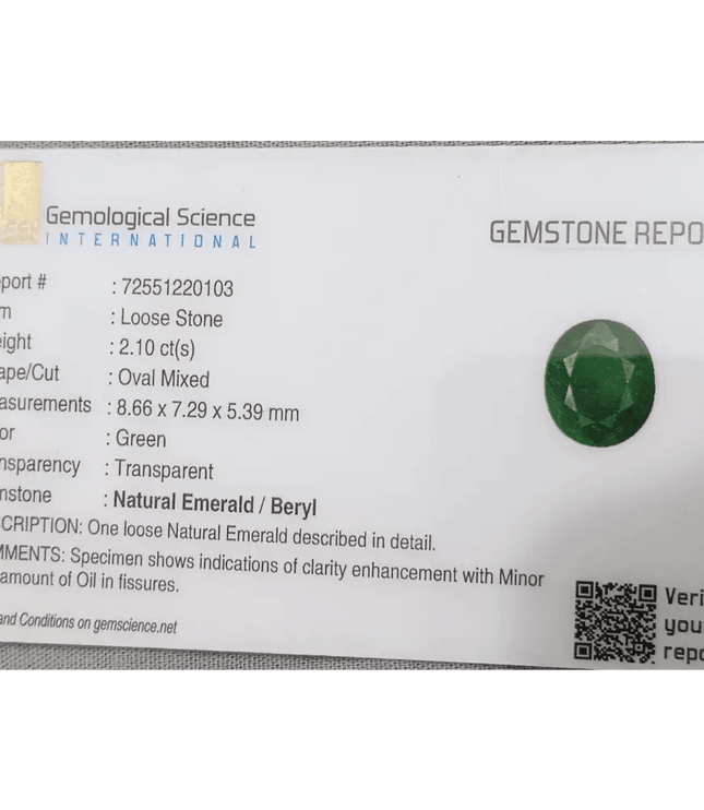 2.10ct Deep Green Emerald certified by GSI - SMSGEMS 