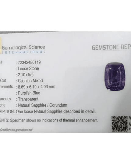GSI Certified 2.10ct Purplish Blue Sapphire, Natural Untreated Gemstone - SMSGEMS 