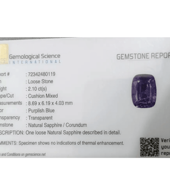 GSI Certified 2.10ct Purplish Blue Sapphire, Natural Untreated Gemstone - SMSGEMS 