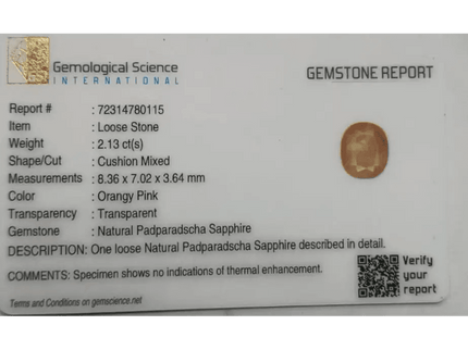 GSI Certified 2.13ct Ceylon Padparadscha Sapphire , Natural Earth Mined Gemstone - SMSGEMS 