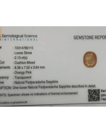 GSI Certified 2.13ct Ceylon Padparadscha Sapphire , Natural Earth Mined Gemstone - SMSGEMS 